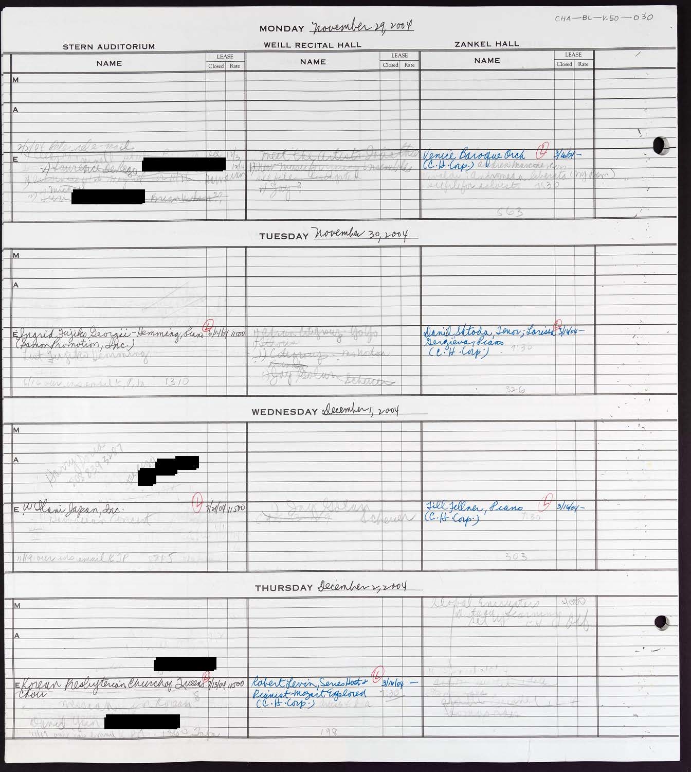 Carnegie Hall Booking Ledger, volume 50, page 30