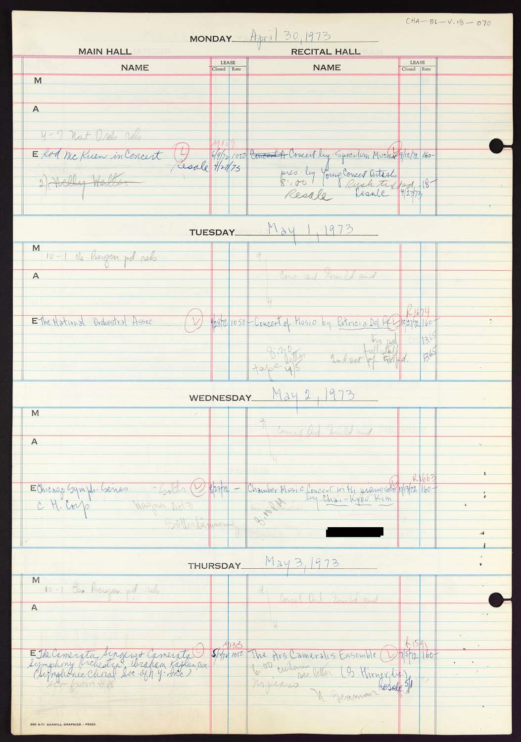 Carnegie Hall Booking Ledger, volume 18, page 70