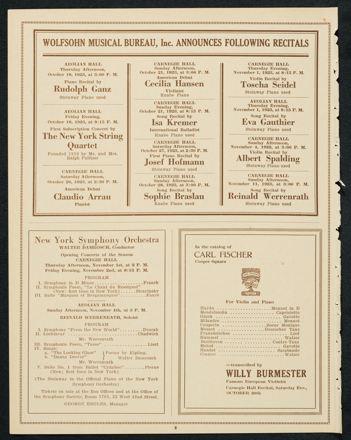 Society of the Friends of Music, October 15, 1923, program page 8