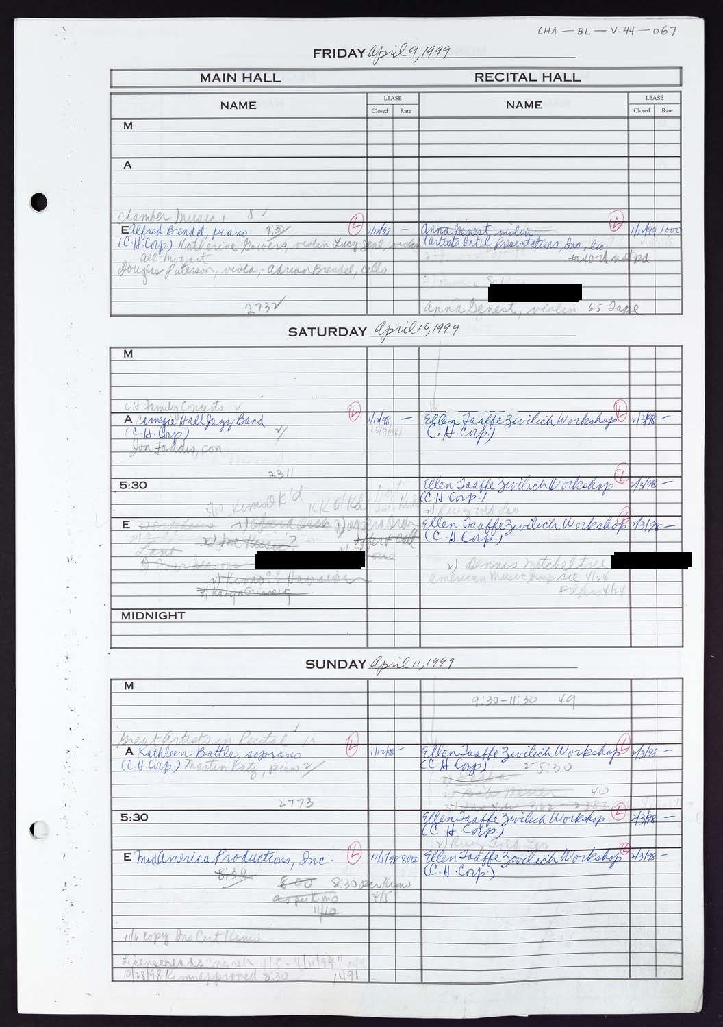 Carnegie Hall Booking Ledger, volume 44, page 67