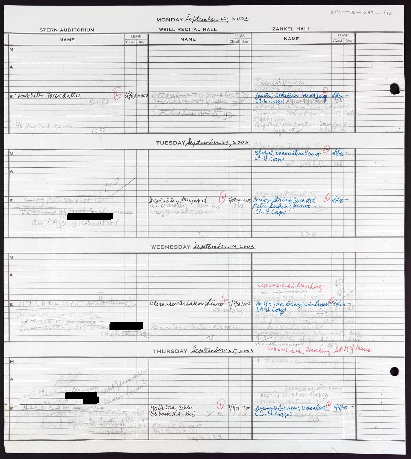 Carnegie Hall Booking Ledger, volume 49, page 10