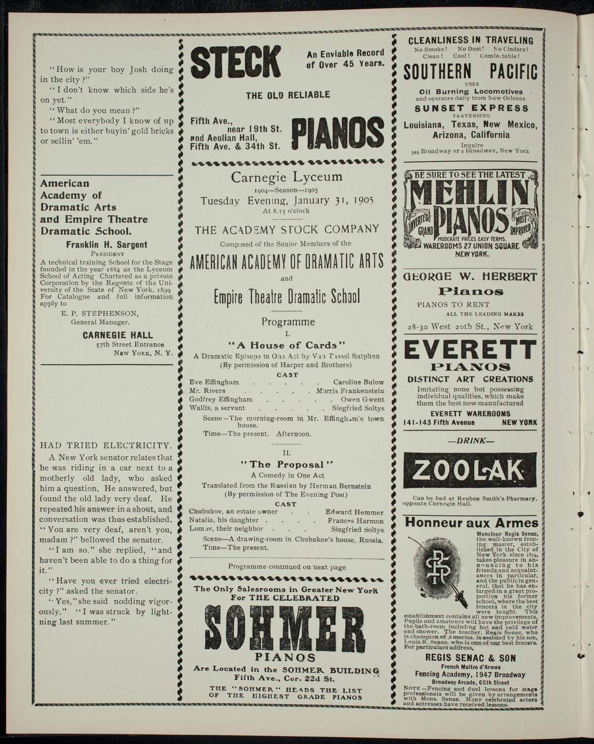 Academy Stock Company of the American Academy of the Dramatic Arts/Empire Theatre Dramatic School, January 31, 1905, program page 2