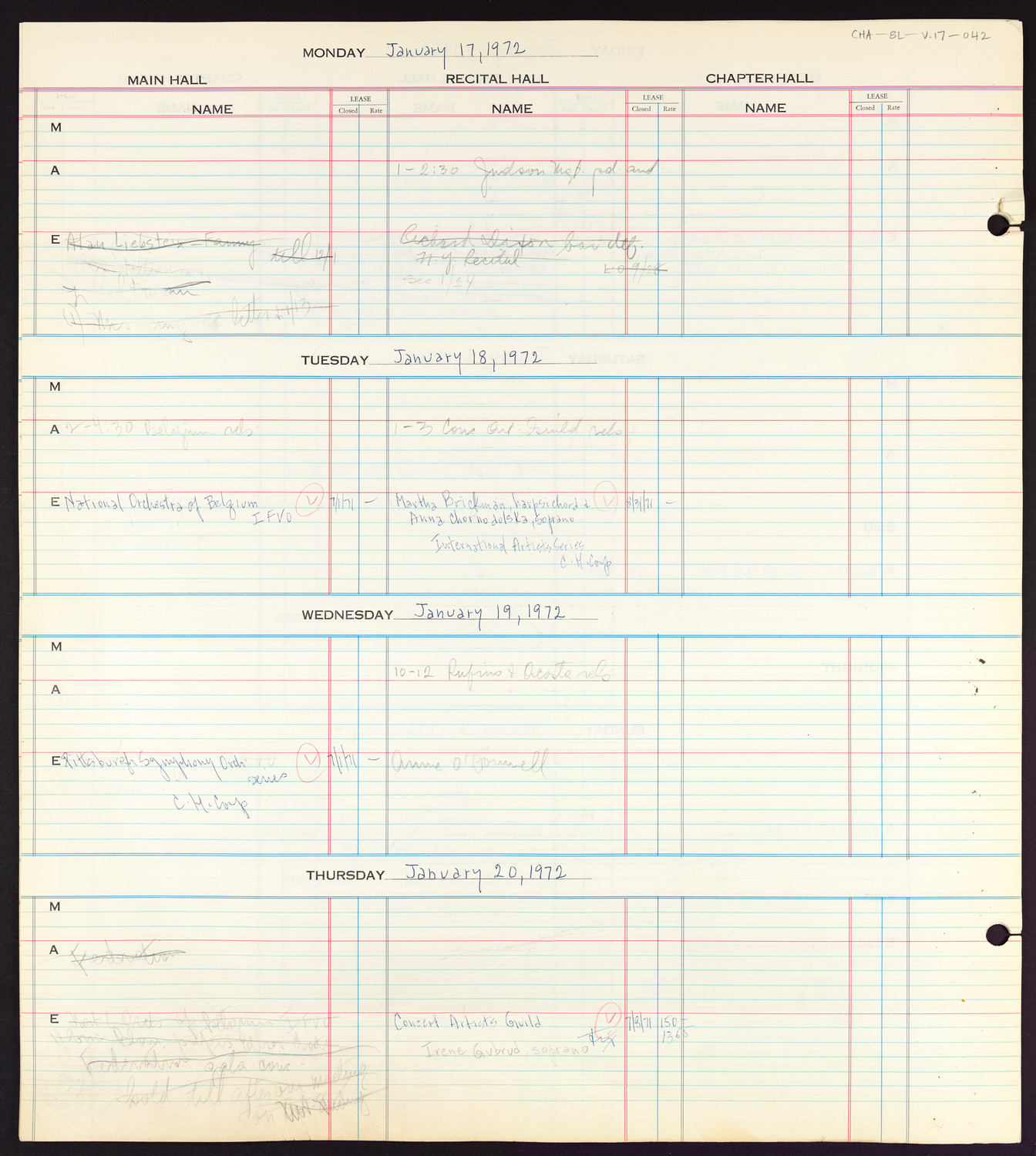 Carnegie Hall Booking Ledger, volume 17, page 42