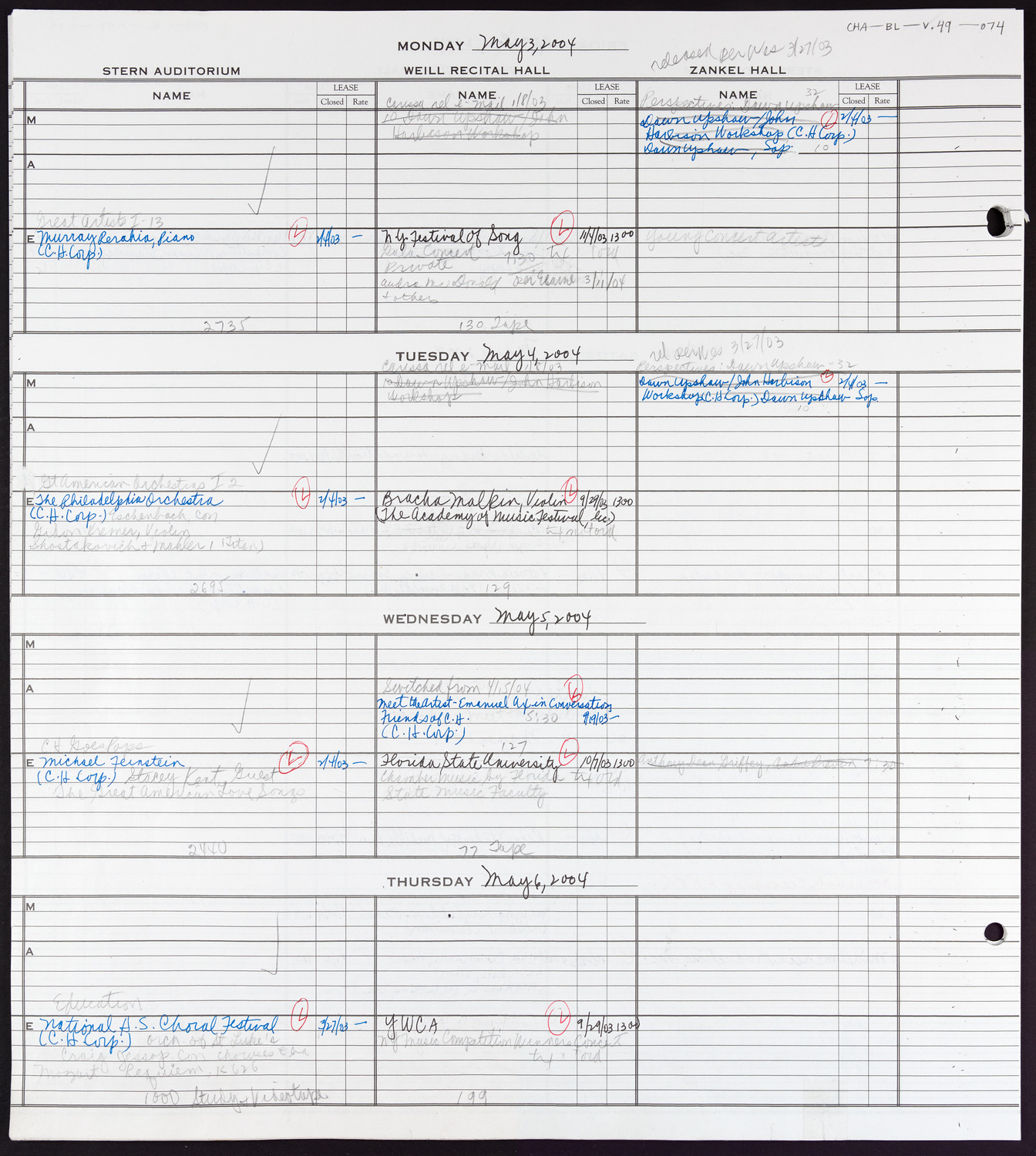 Carnegie Hall Booking Ledger, volume 49, page 74