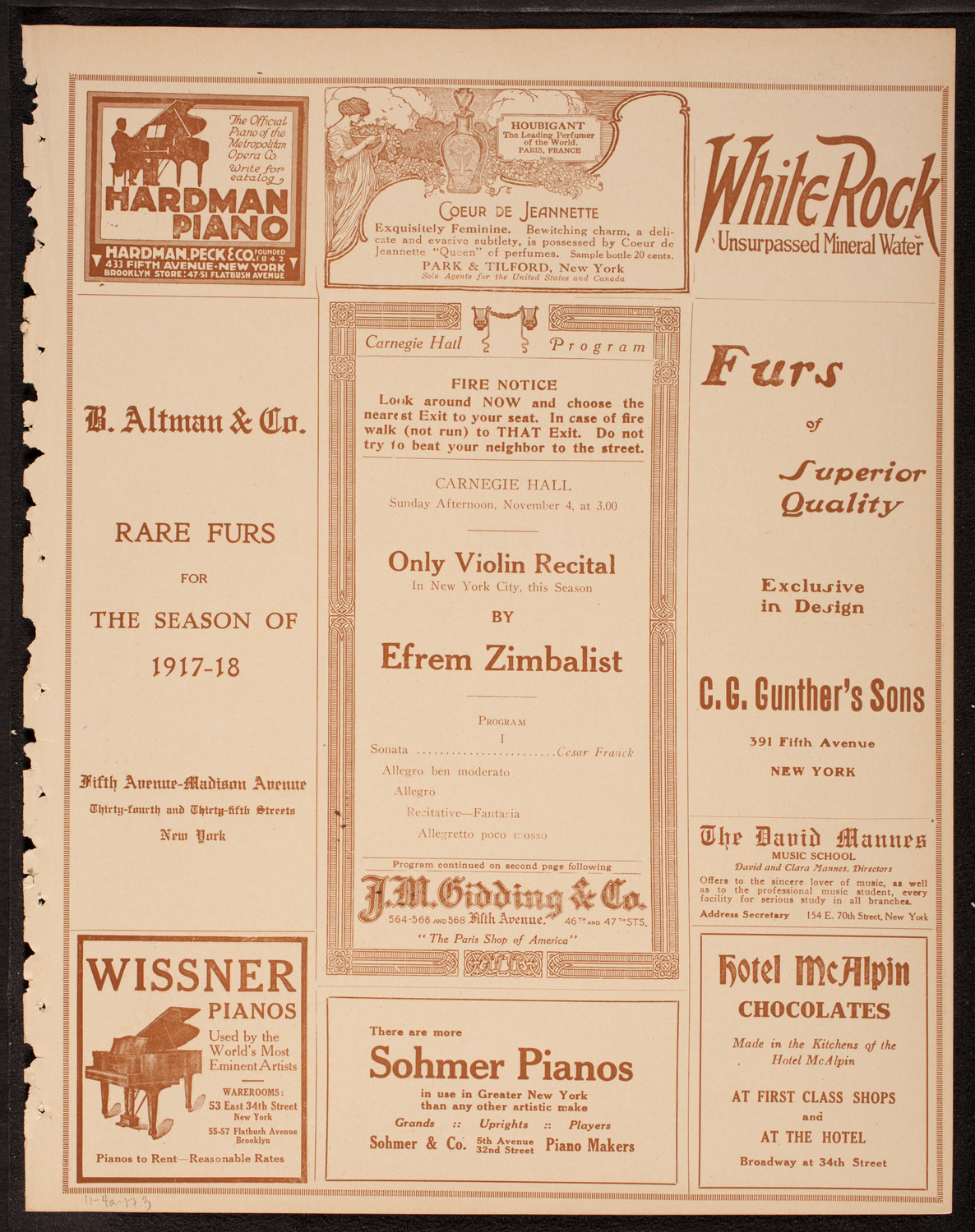 Efrem Zimbalist, Violin, November 4, 1917, program page 5