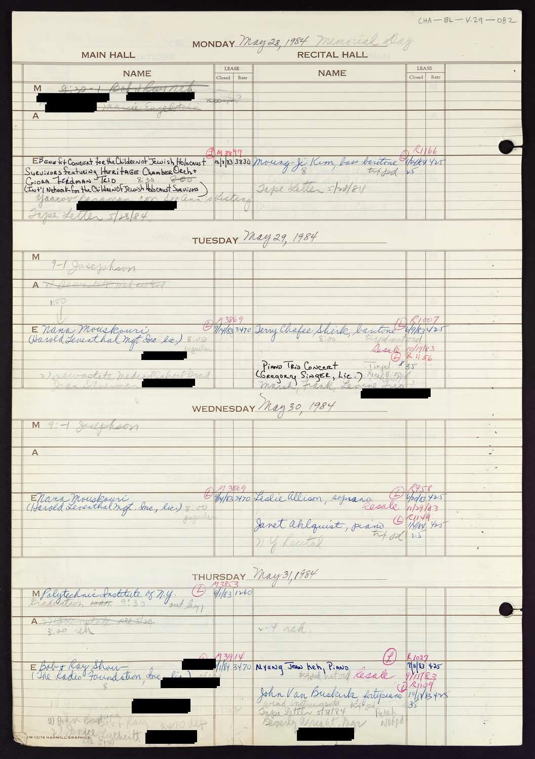 Carnegie Hall Booking Ledger, volume 29, page 82