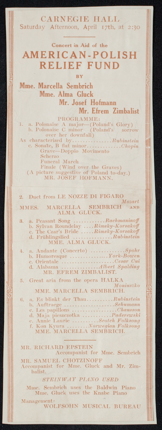 Benefit: American-Polish Relief Fund, April 17, 1915, program page 1