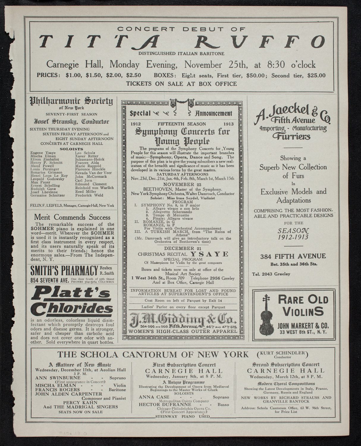 Eugène Ysaÿe, Violin, November 19, 1912, program page 9