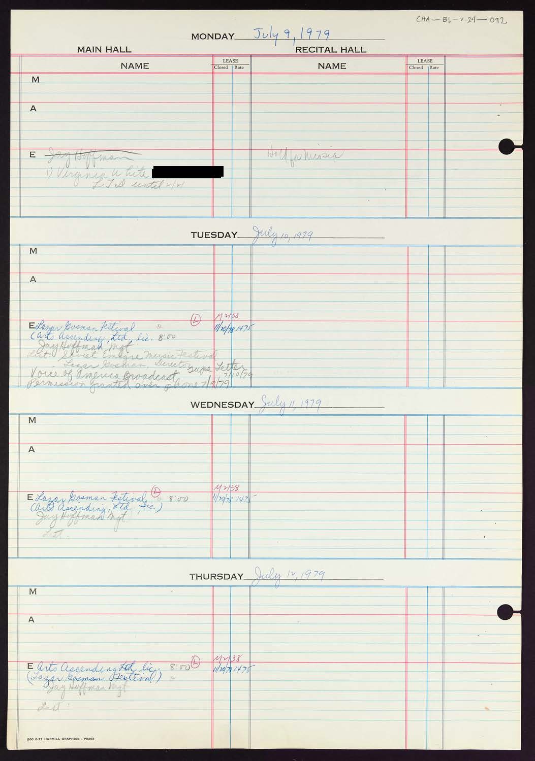 Carnegie Hall Booking Ledger, volume 24, page 92