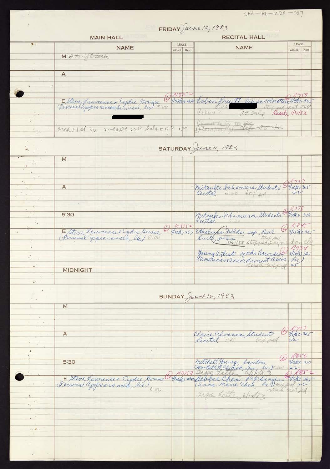 Carnegie Hall Booking Ledger, volume 28, page 87