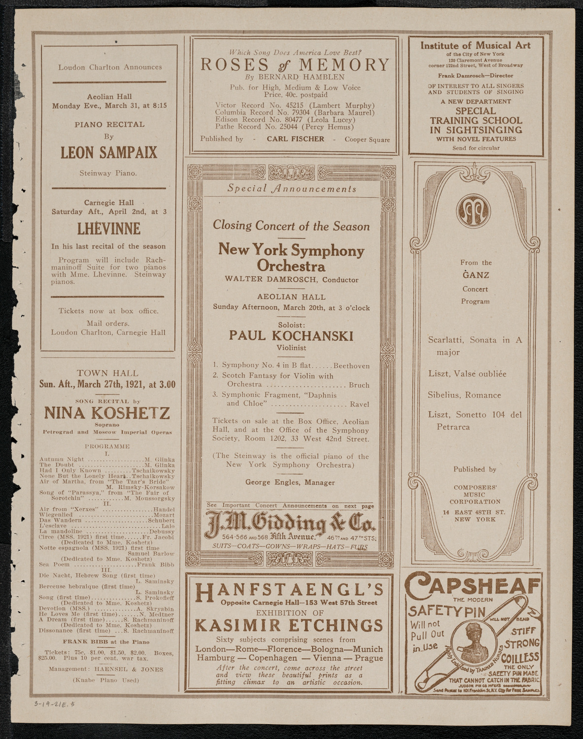 Jean Barondess, Soprano, March 19, 1921, program page 9