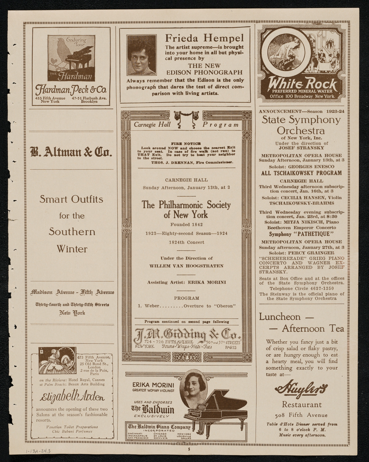New York Philharmonic, January 13, 1924, program page 5