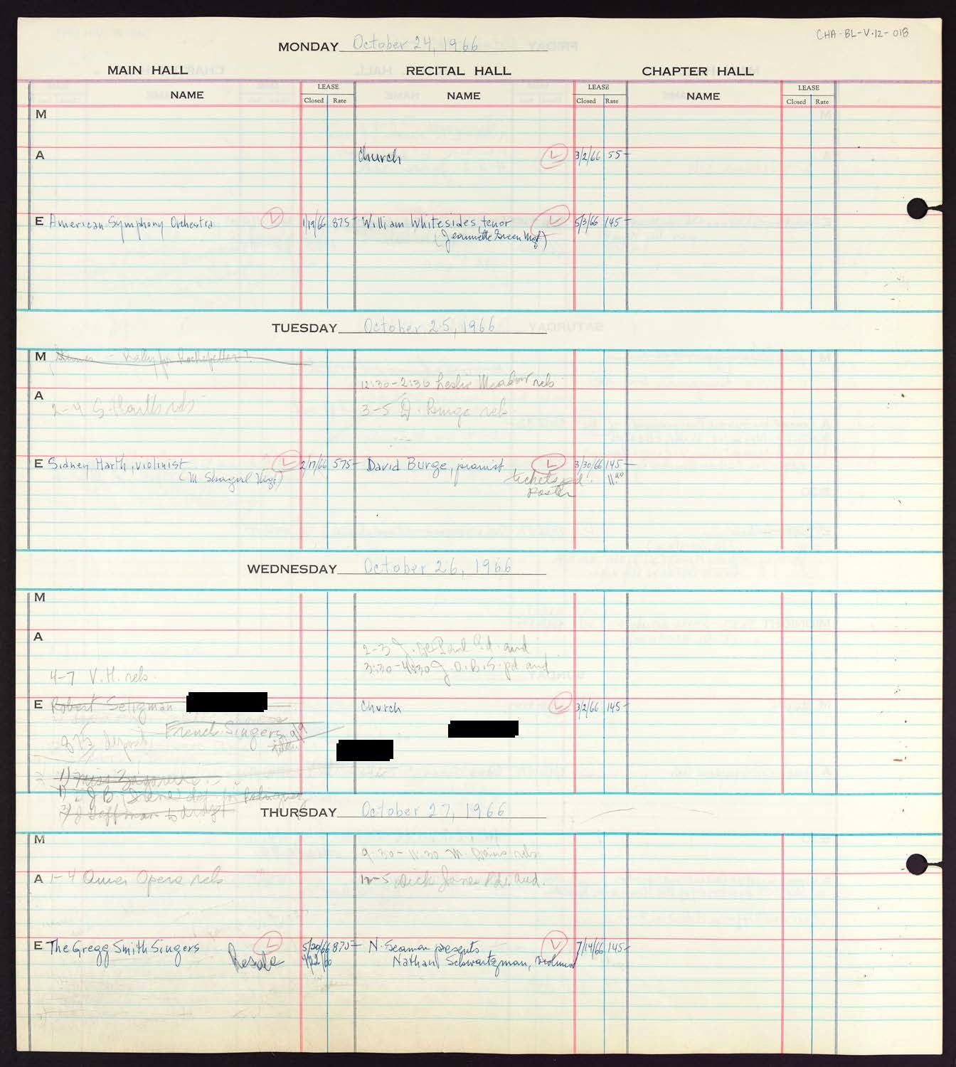 Carnegie Hall Booking Ledger, volume 12, page 18