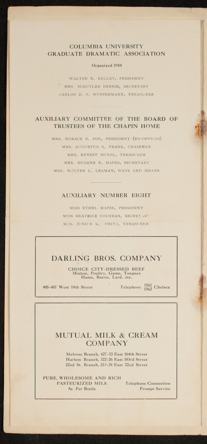 Columbia University Graduate Dramatic Association, May 4, 1911, program page 6