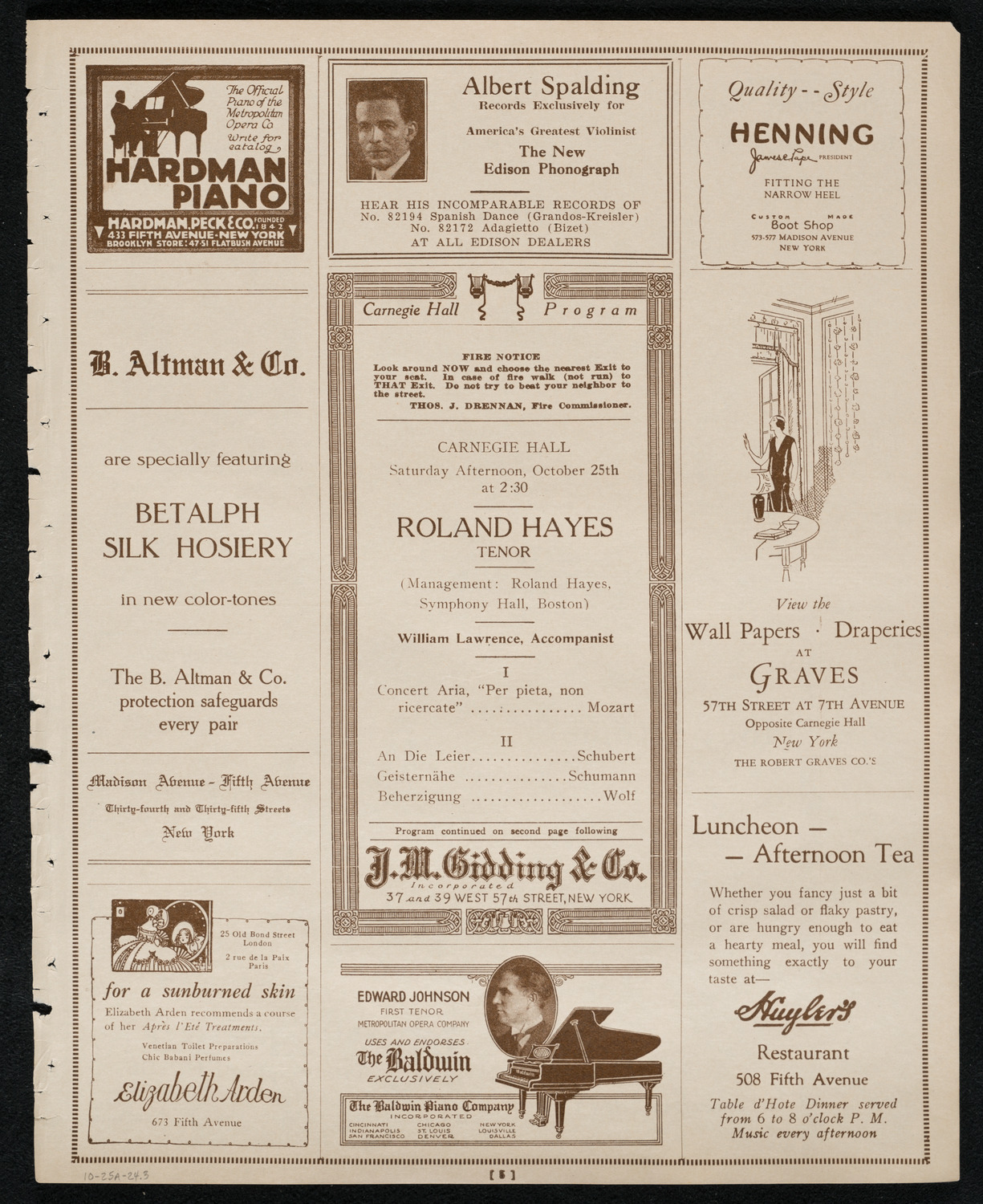 Roland Hayes, Tenor, October 25, 1924, program page 5