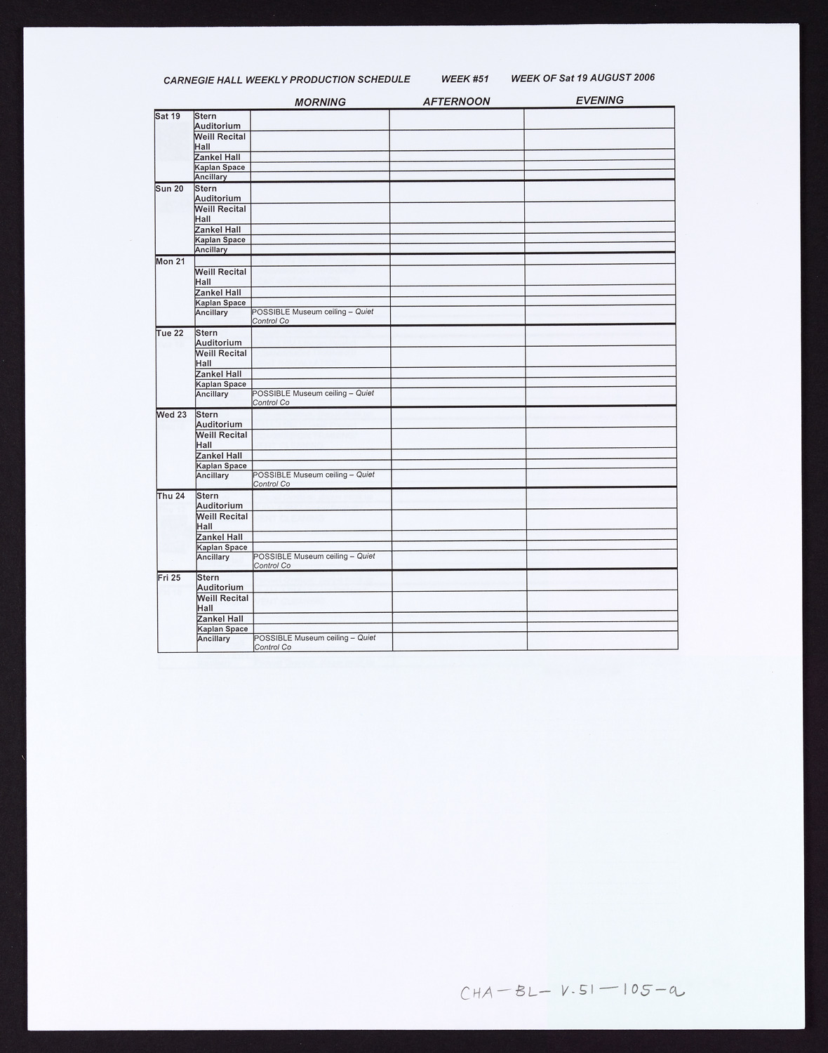 Carnegie Hall Booking Ledger, volume 51, page 105a