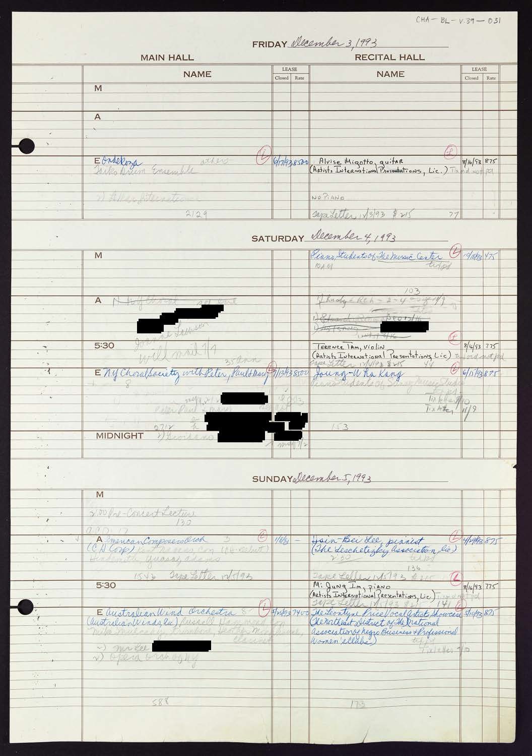 Carnegie Hall Booking Ledger, volume 39, page 31