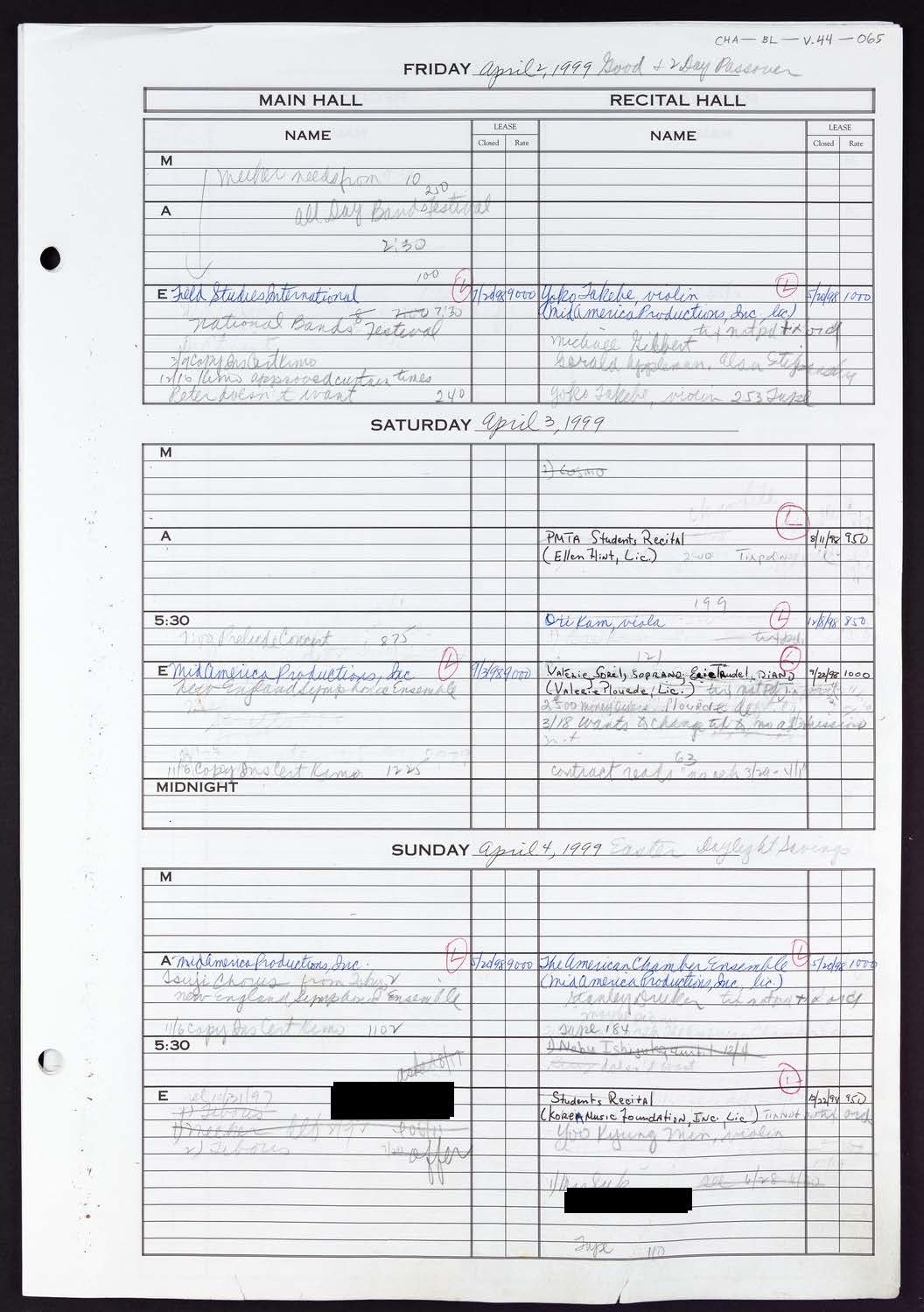 Carnegie Hall Booking Ledger, volume 44, page 65