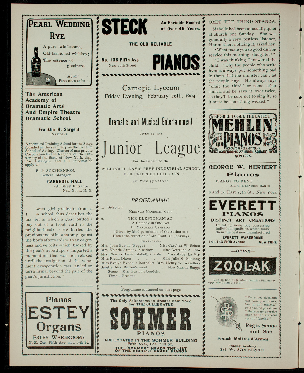 Dramatic and Musical Entertainment given by the Junior League, February 26, 1904, program page 2