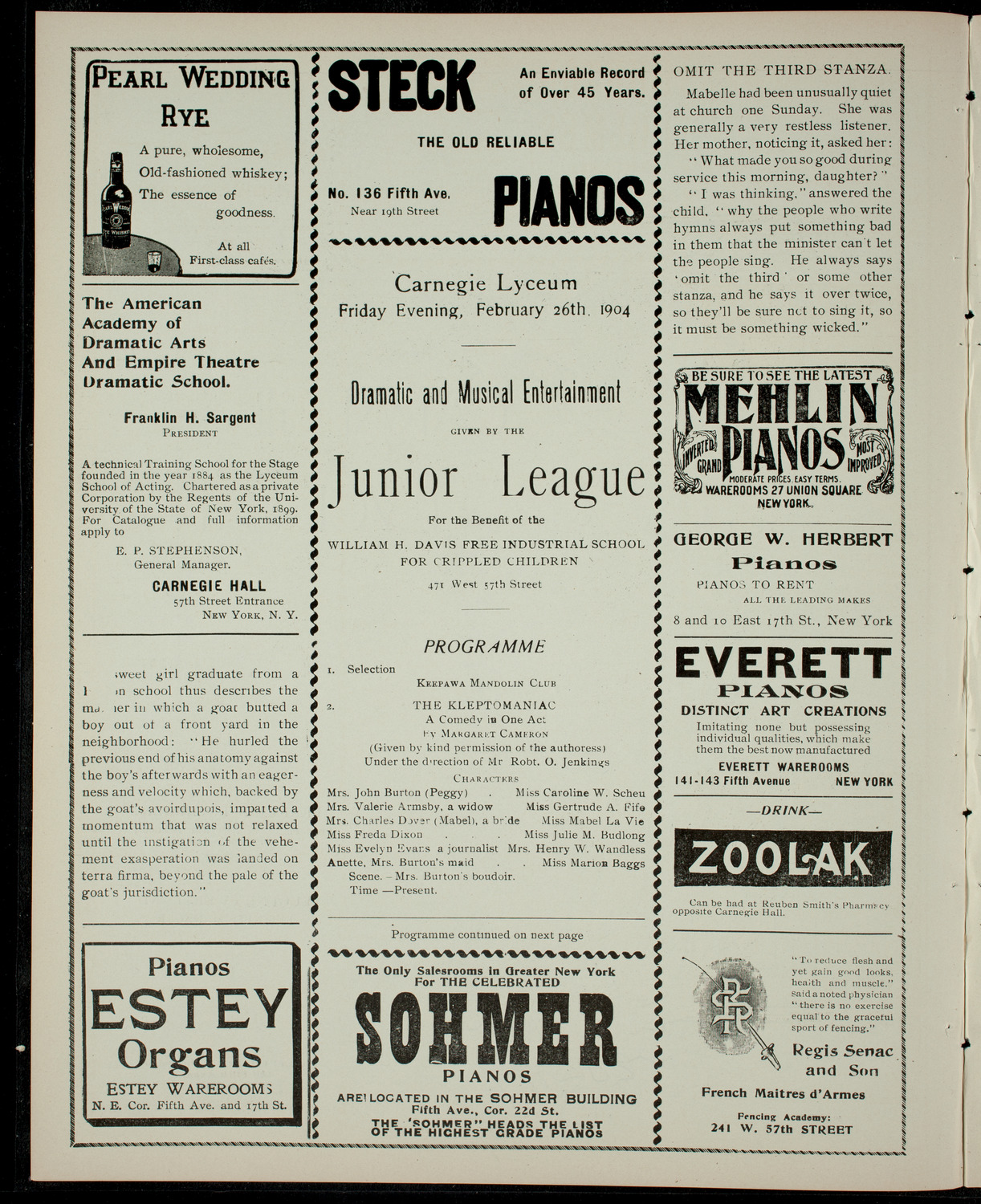 Dramatic and Musical Entertainment given by the Junior League, February 26, 1904, program page 2