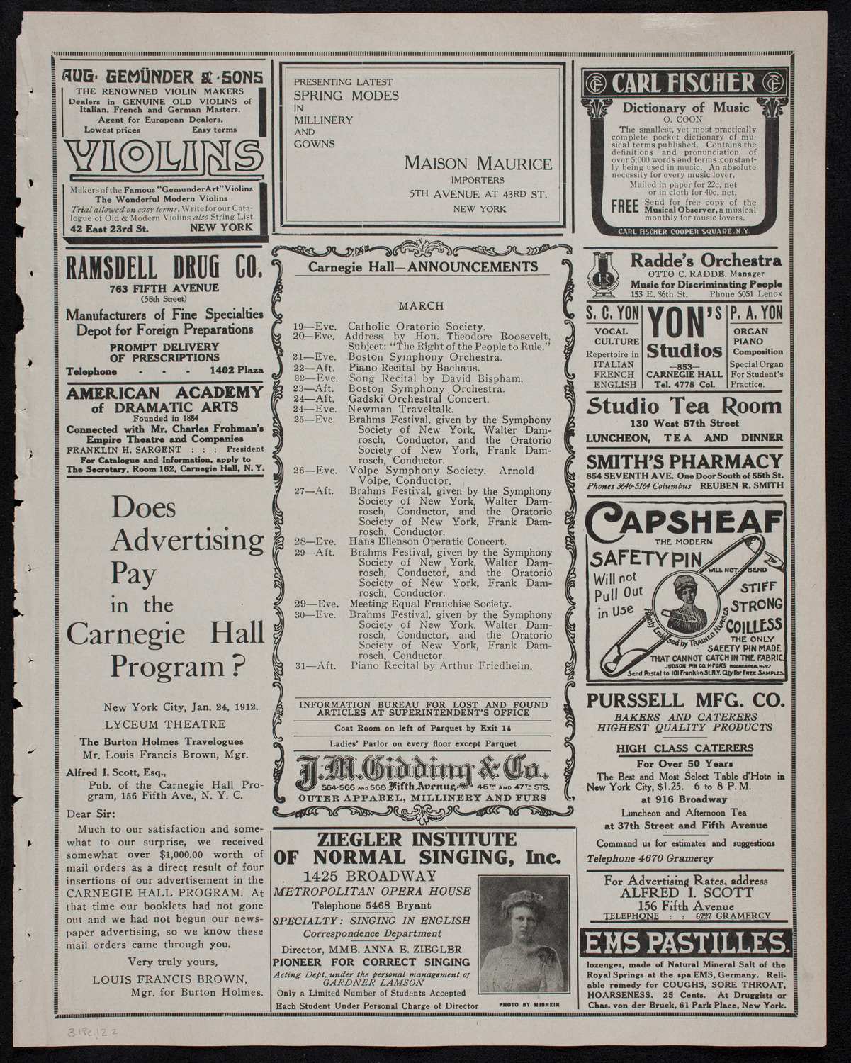 Minneapolis Symphony Orchestra, March 18, 1912, program page 3