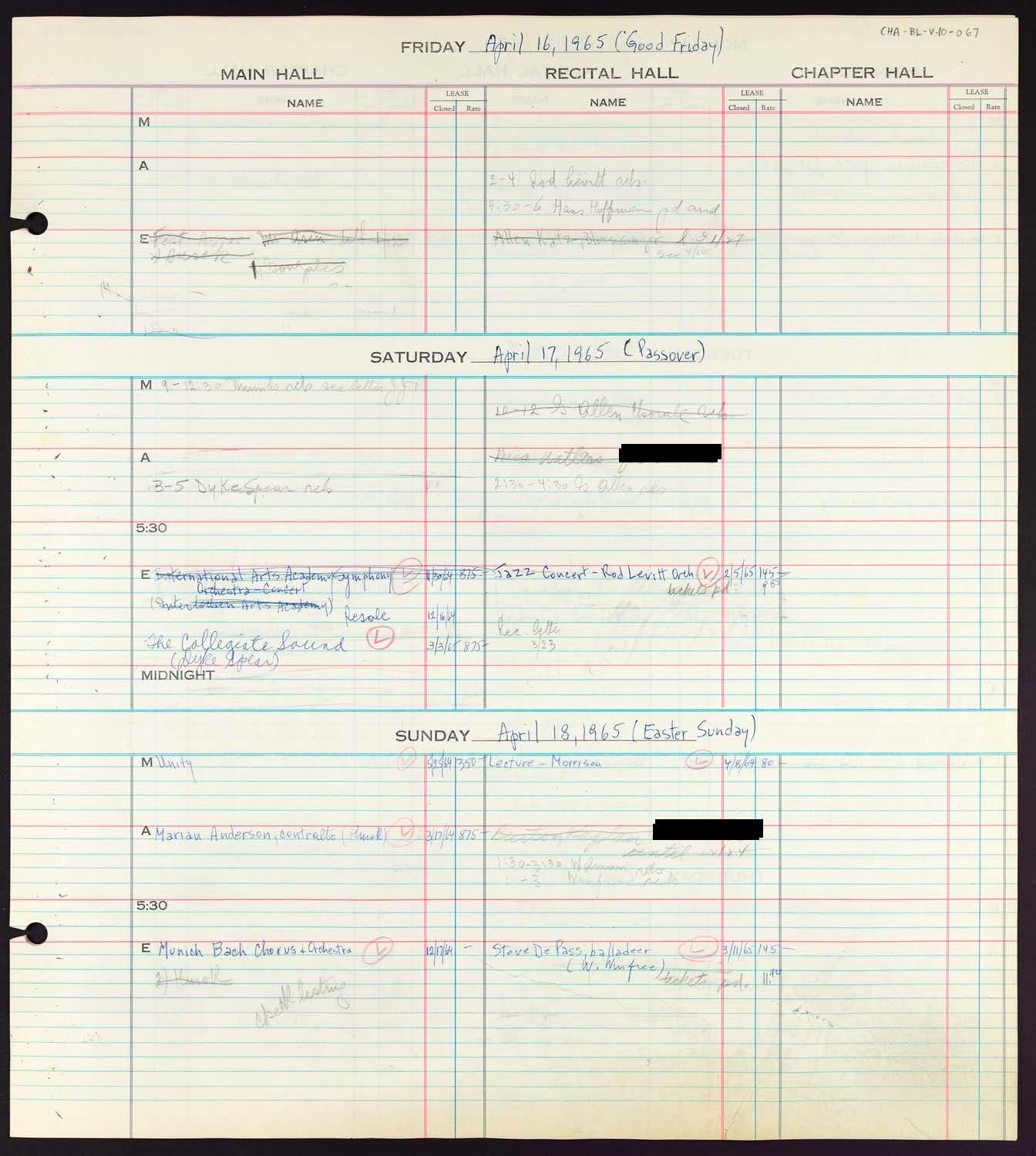 Carnegie Hall Booking Ledger, volume 10, page 67