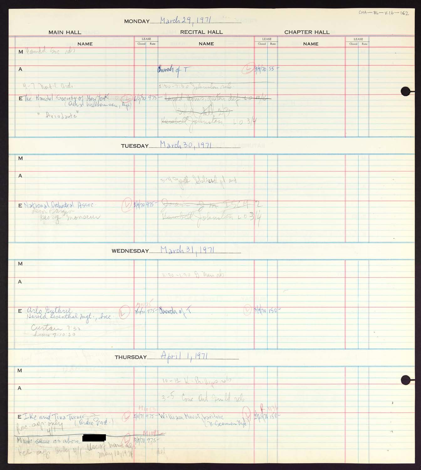 Carnegie Hall Booking Ledger, volume 16, page 62