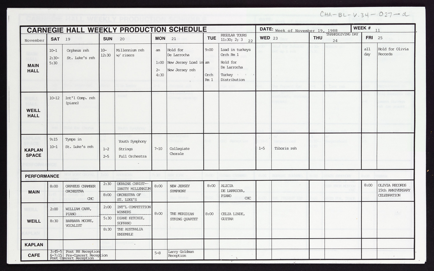 Carnegie Hall Booking Ledger, volume 34, page 27a