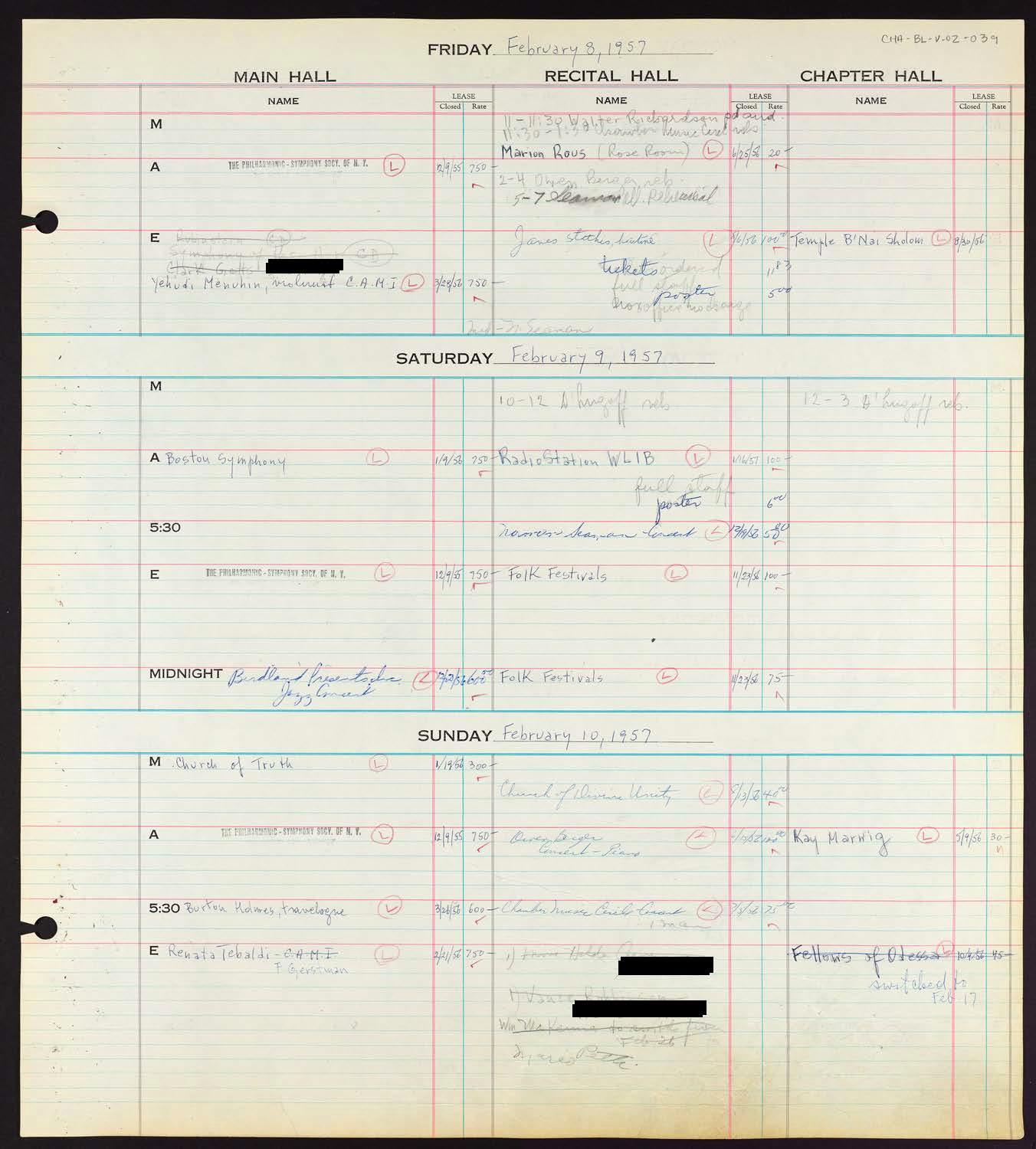 Carnegie Hall Booking Ledger, volume 2, page 39