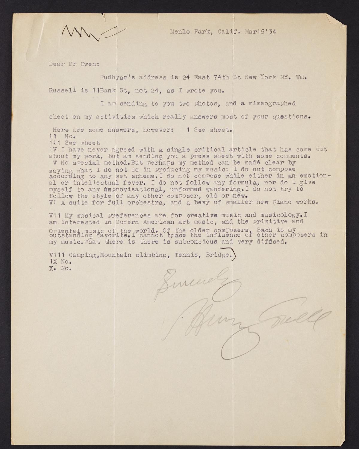 Correspondence from Henry (Dixon) Cowell to David Ewen