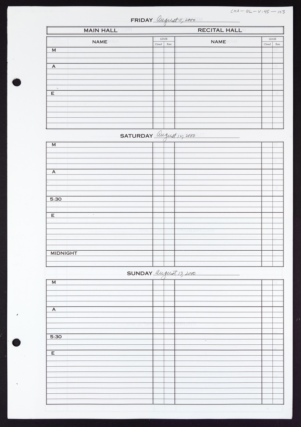 Carnegie Hall Booking Ledger, volume 45, page 103