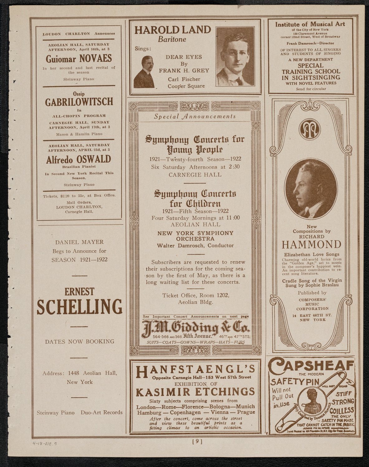 National Symphony Orchestra, April 18, 1921, program page 9