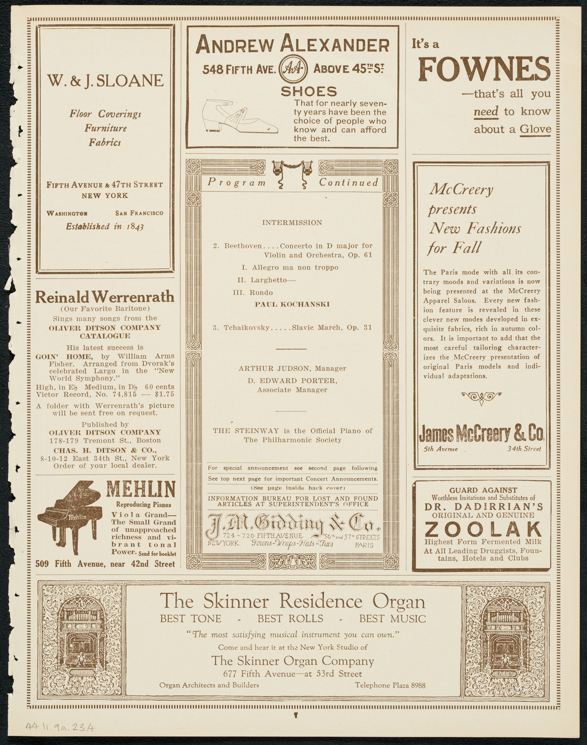 New York Philharmonic, November 9, 1923, program page 7
