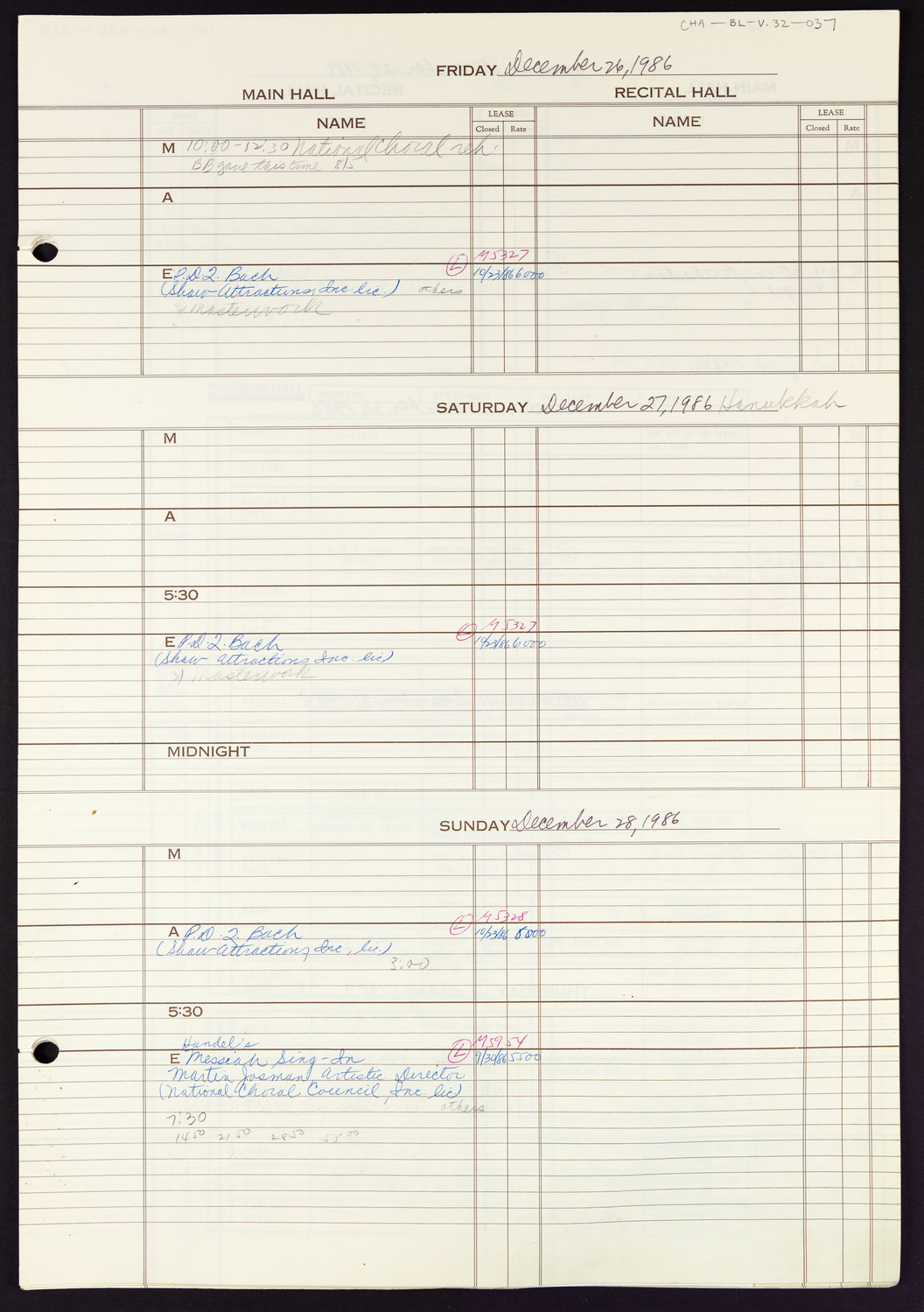 Carnegie Hall Booking Ledger, volume 32, page 37