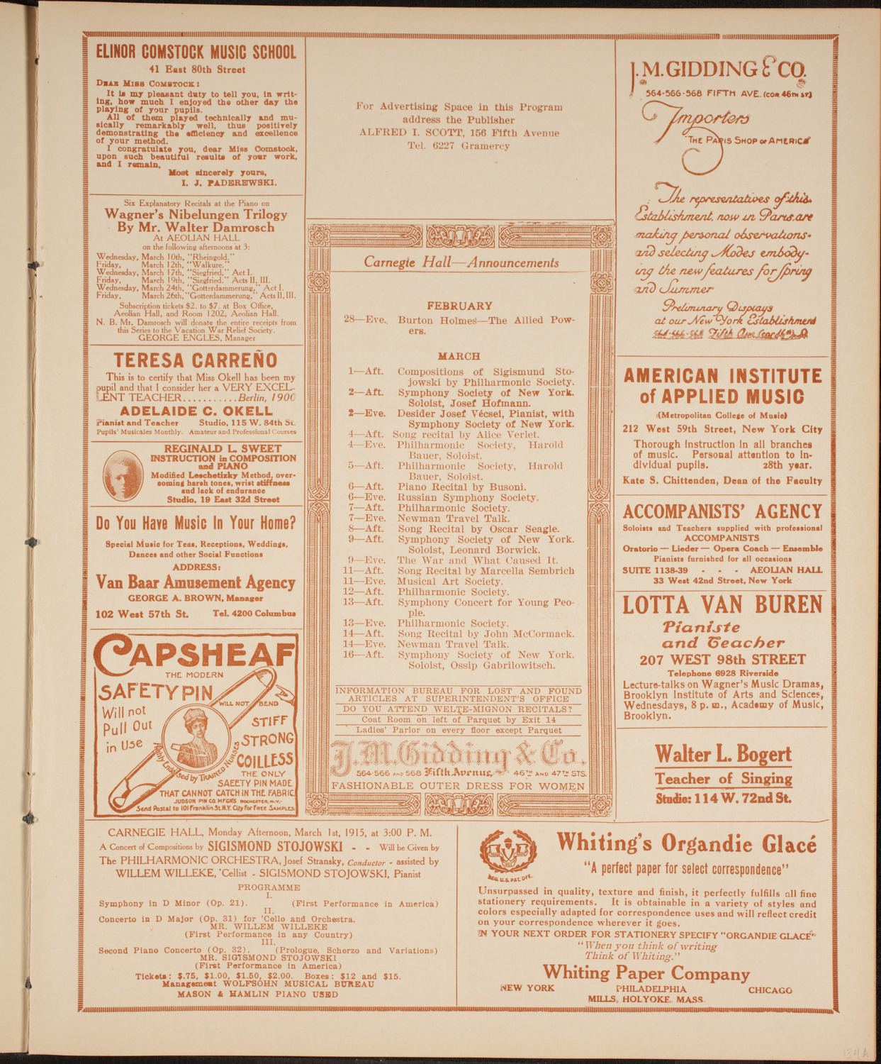 New York Philharmonic, February 28, 1915, program page 3