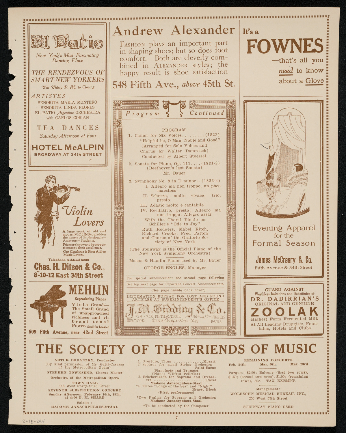 New York Symphony Orchestra: Beethoven Cycle, February 1, 1924, program page 7