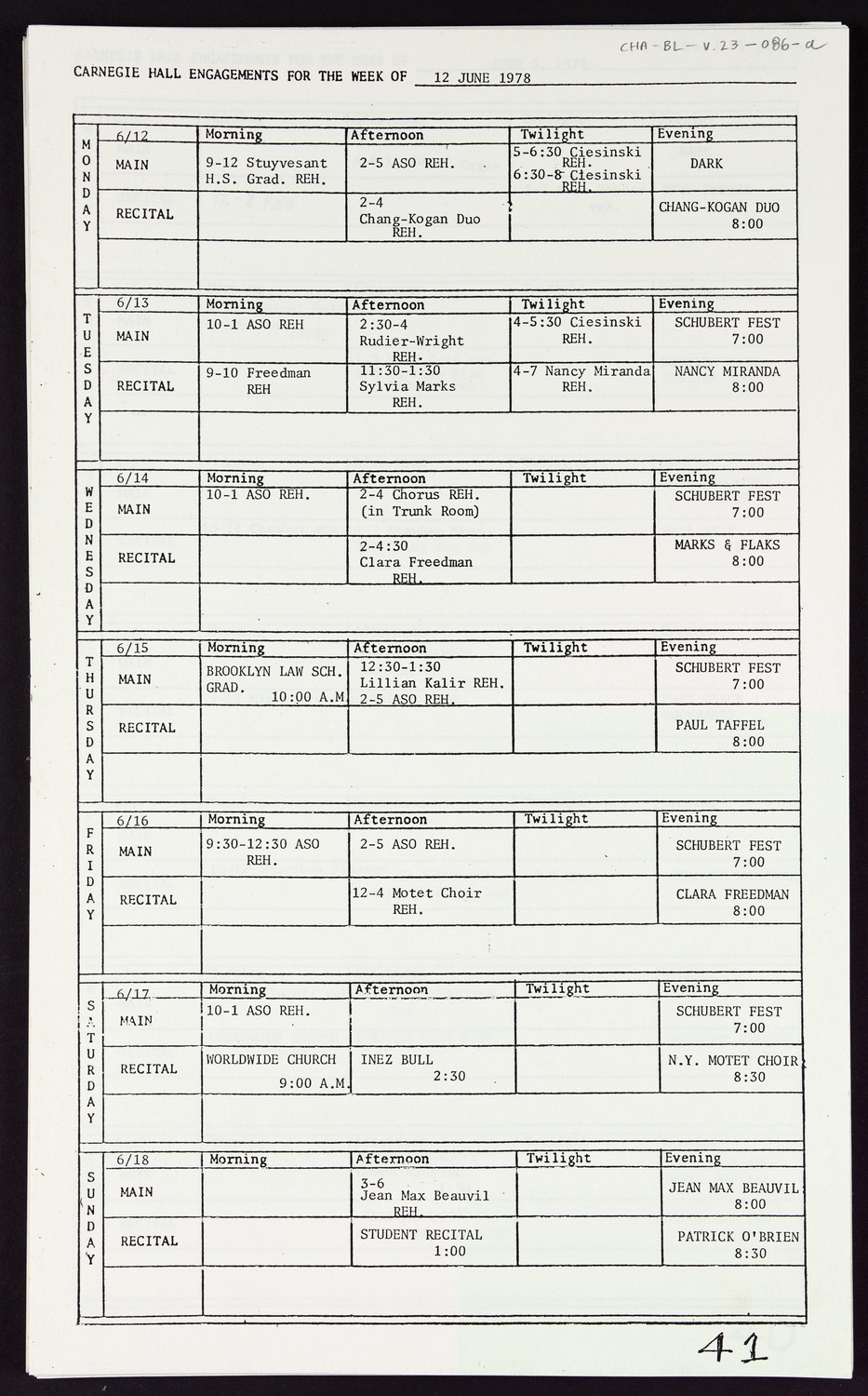 Carnegie Hall Booking Ledger, volume 23, page 86a