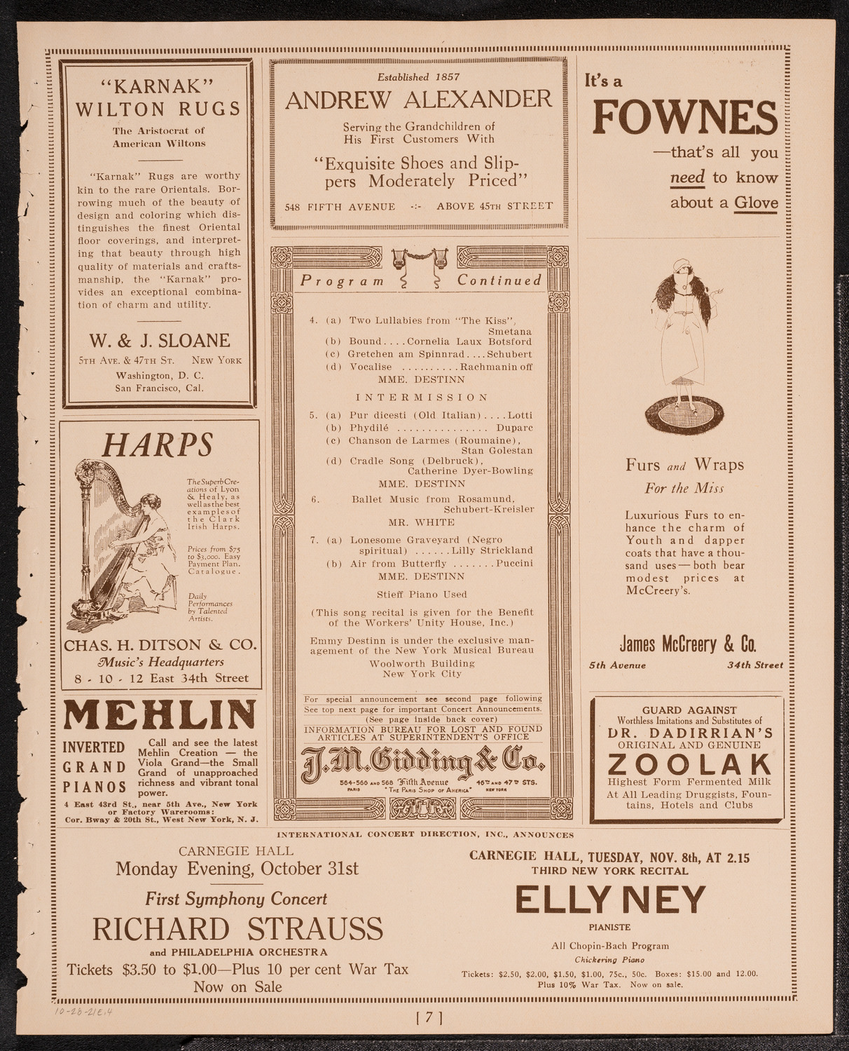 Emmy Destinn, Soprano, October 28, 1921, program page 7