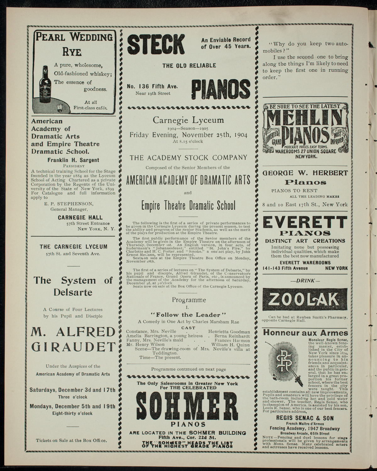 Academy Stock Company of the American Academy of the Dramatic Arts/Empire Theatre Dramatic School, November 25, 1904, program page 2