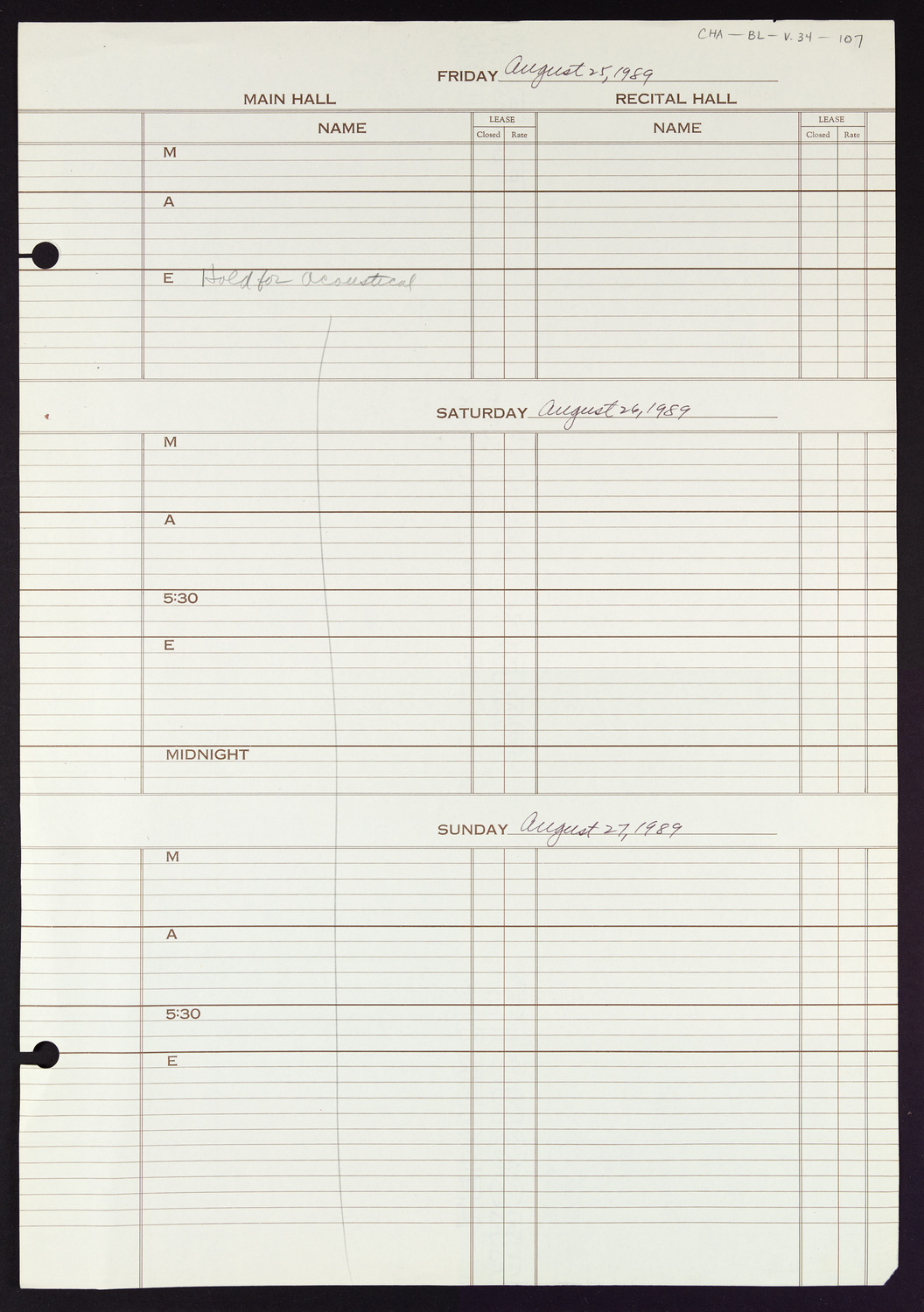 Carnegie Hall Booking Ledger, volume 34, page 107