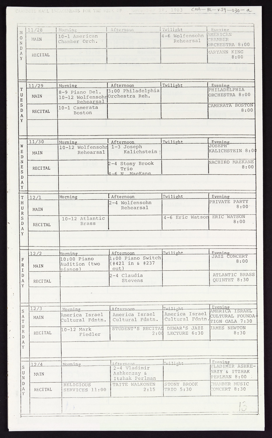 Carnegie Hall Booking Ledger, volume 29, page 30a