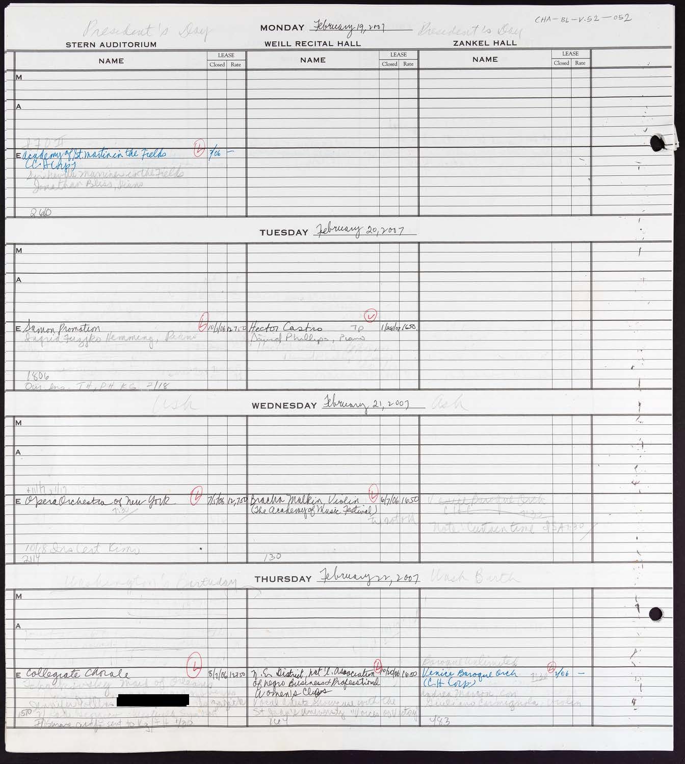 Carnegie Hall Booking Ledger, volume 52, page 52