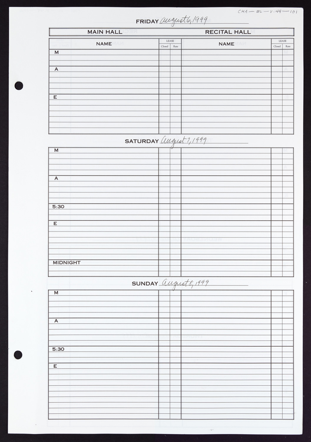 Carnegie Hall Booking Ledger, volume 44, page 101