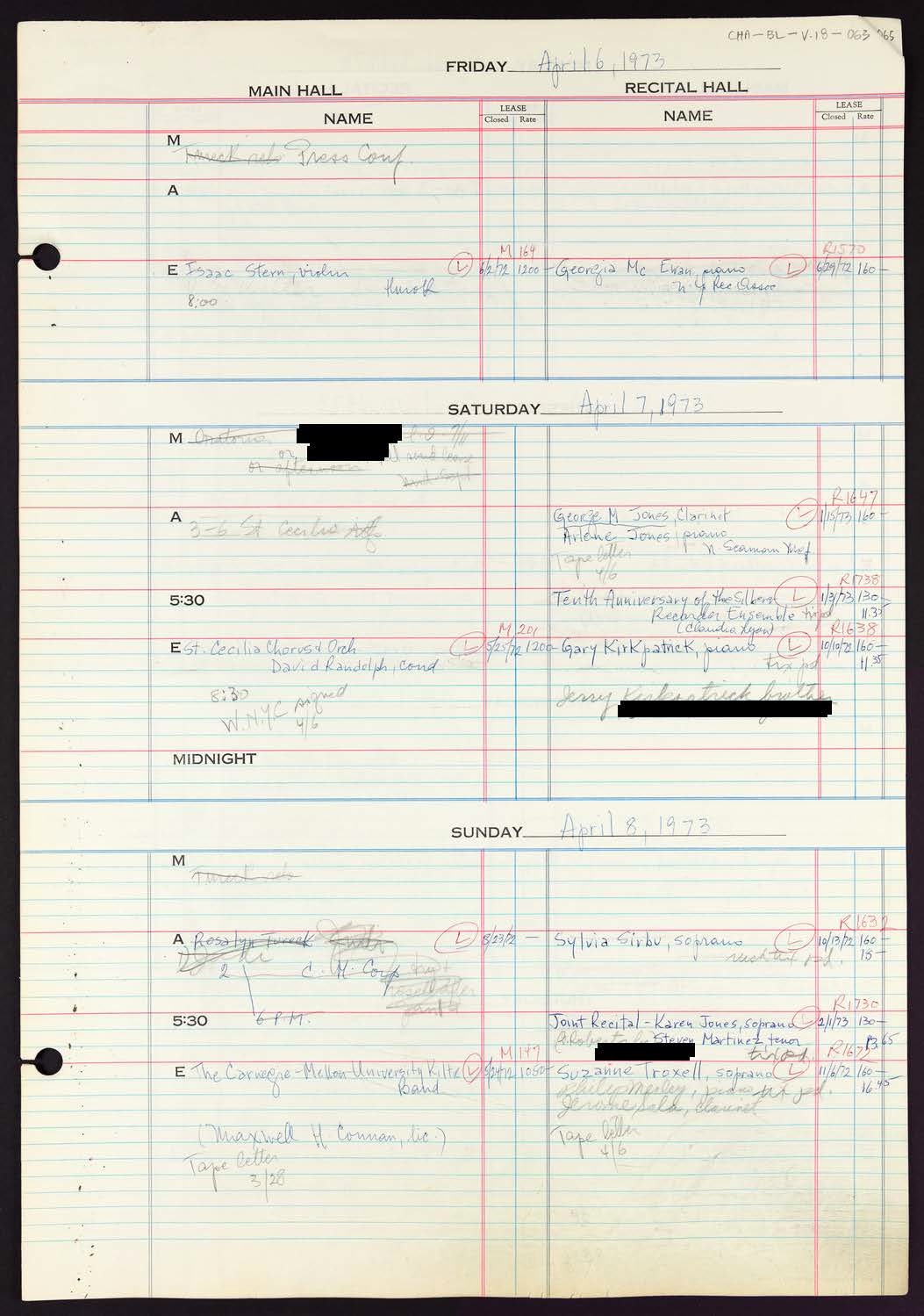 Carnegie Hall Booking Ledger, volume 18, page 63