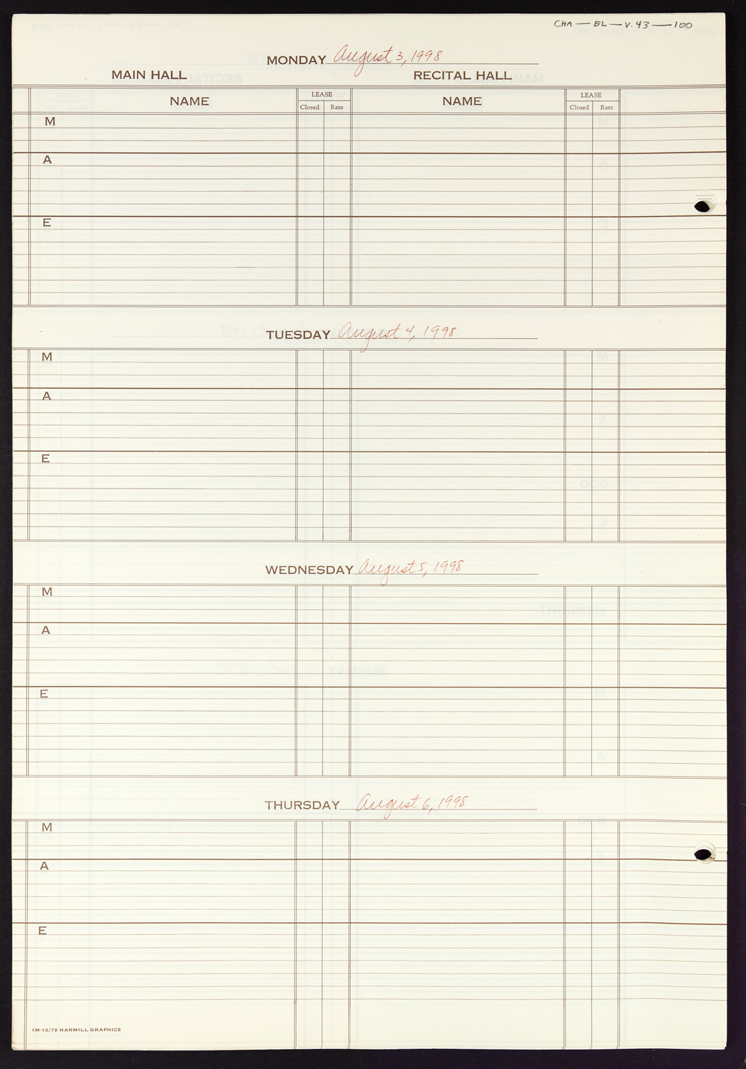 Carnegie Hall Booking Ledger, volume 43, page 100