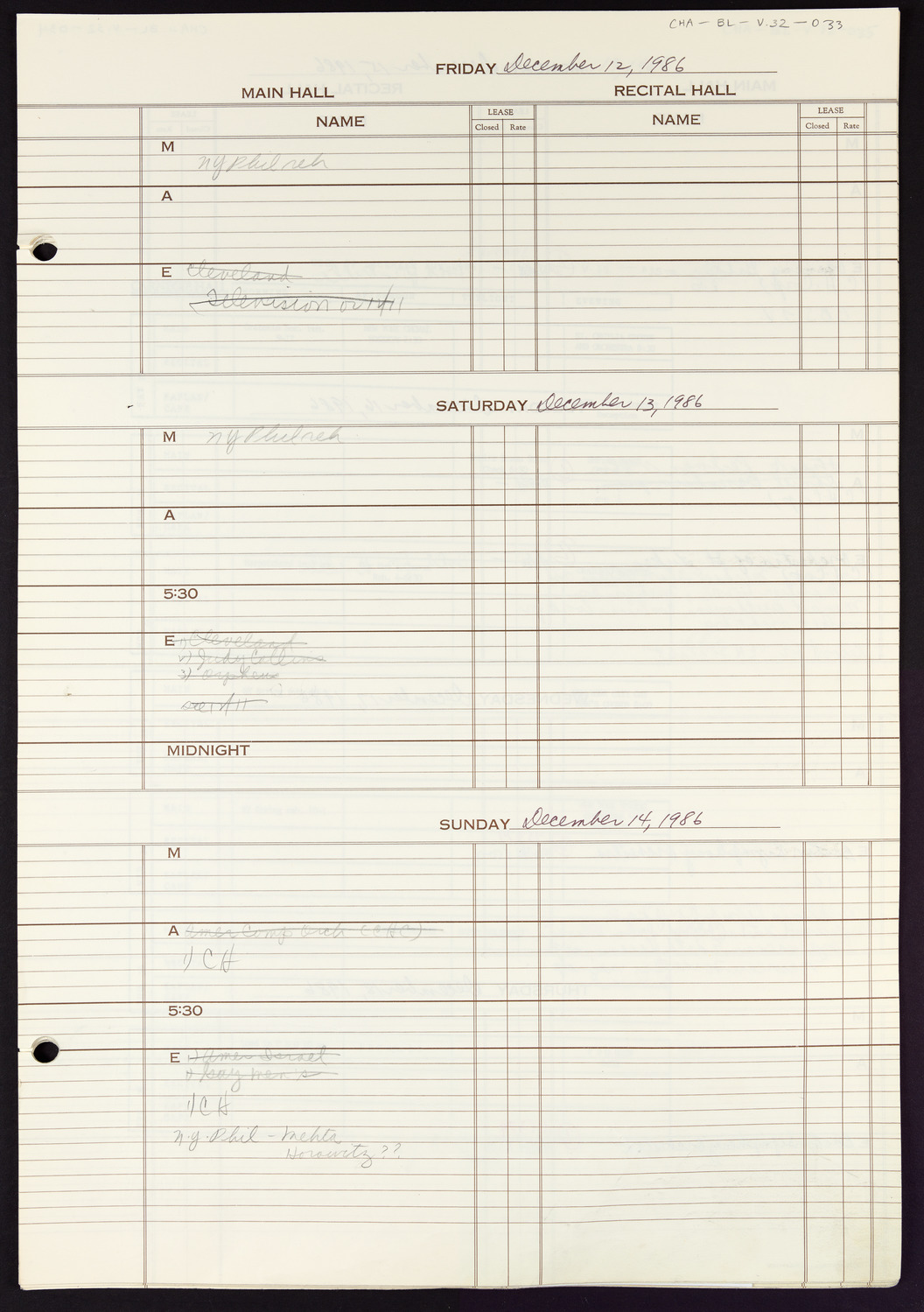 Carnegie Hall Booking Ledger, volume 32, page 33