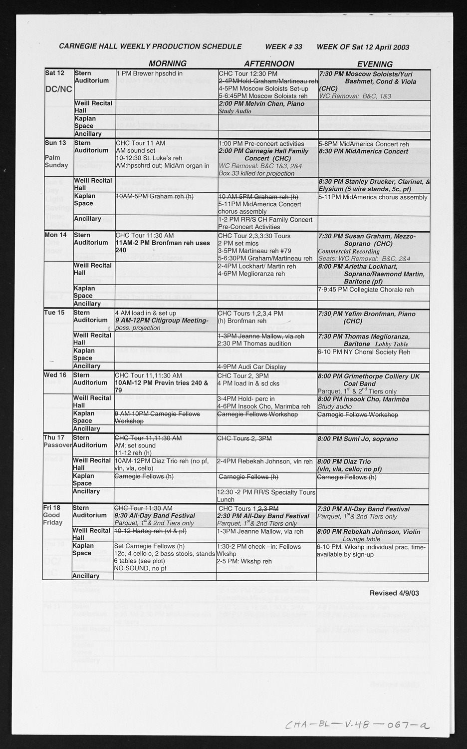 Carnegie Hall Booking Ledger, volume 48, page 67a