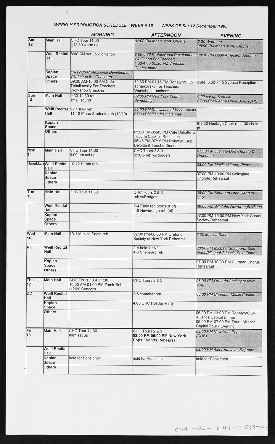 Carnegie Hall Booking Ledger, volume 44, page 33a