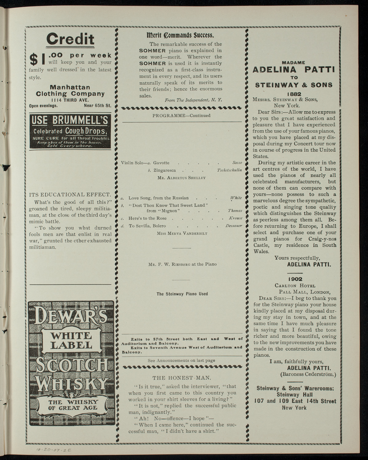 Merva Vanderbilt with Albertus Shelley, October 20, 1904, program page 3