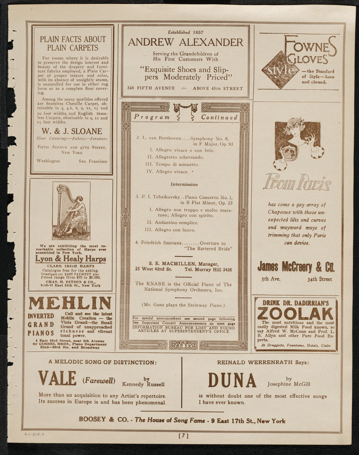 National Symphony Orchestra, April 1, 1921, program page 7